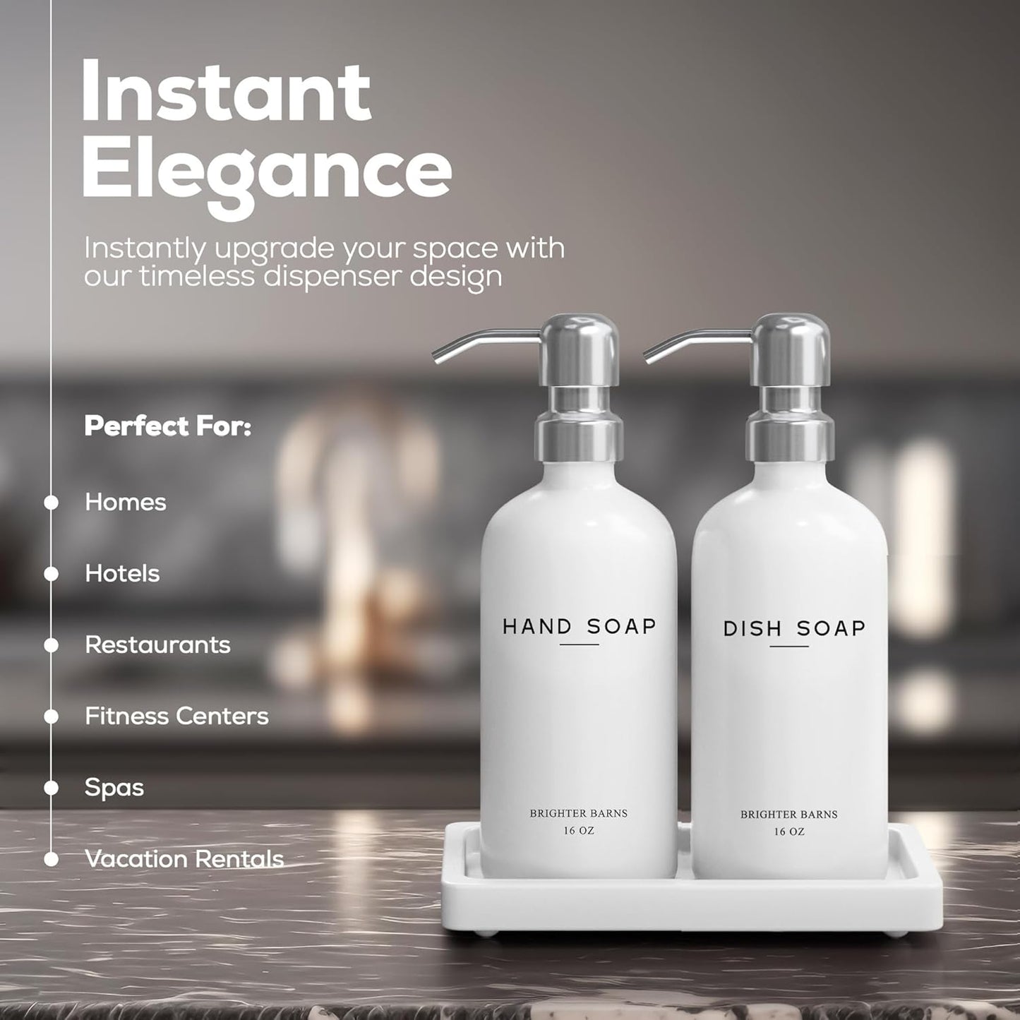 White Glass Hand and Dish Soap Dispenser Set by Brighter Barns - Kitchen Soap Dispenser Set with Tray & Pump for Office, Hotel, Vacation Rental, Airbnb - Modern Kitchen Decor & Accessories (White)