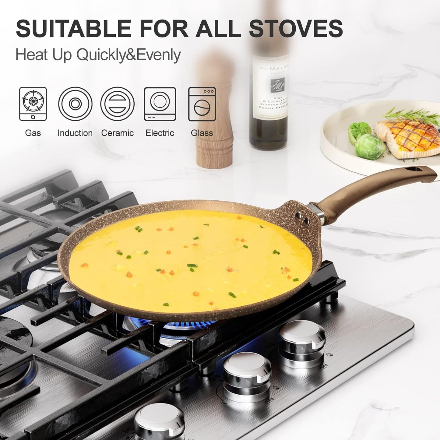 Nonstick Crepe Pan, Granite Coating Flat Skillet Dosa Tawa Tortilla Pan, 10 inch Pancake Griddle Roti Pan With Stay-Cool Handle, Induction Compatible, PFOA Free
