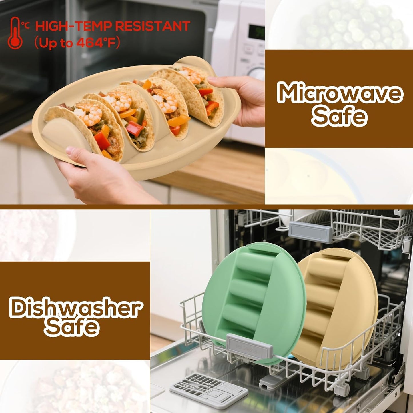 Silicone Taco Holder Plates Set of 2 - Reusable Taco Stand Plates with 4-Shell Slots, Oven/Microwave/Dishwasher Safe, Non-Slip Base for Tortillas Party Serving, Family Dinner & Meal Prep Accessories