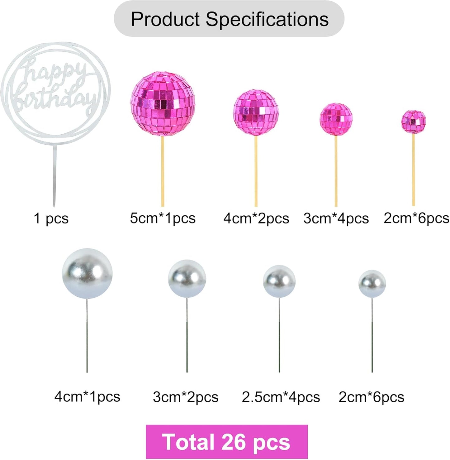 BEISHIDA 27 PCS Hot Pink Disco Ball Cake Toppers - Mini Mirror Ball Cupcake Toppers for Disco Theme Party, 70s 80s Party Decorations, Birthday, Wedding, Anniversary, Baby Shower, and Retro Celebration