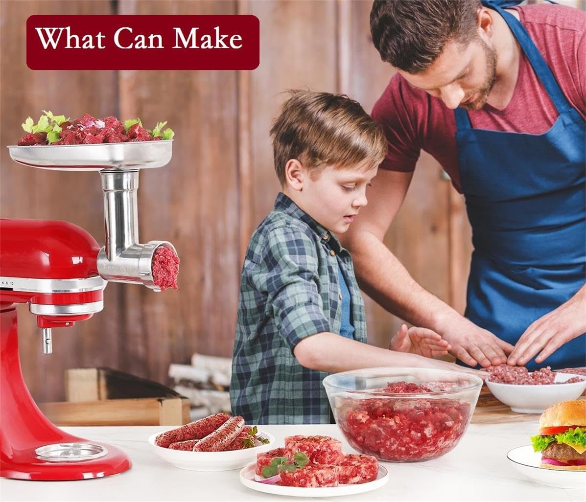 Stainless Steel Food Grinder Attachment for KitchenAid Mixers, Dishwasher Safe Meat Processor Aceesory Included 3 Sausage Stuffer Tubes