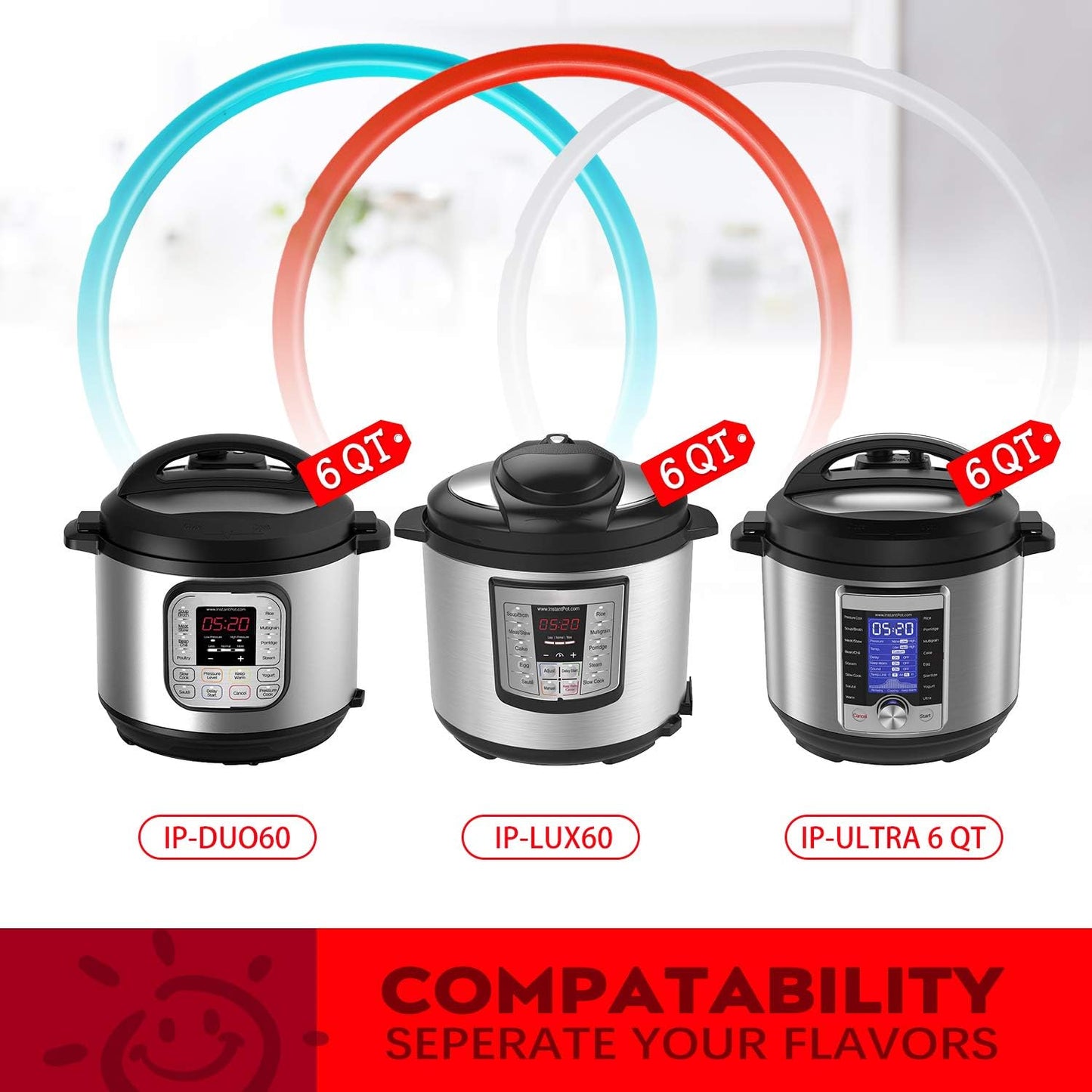 3-Pack 6QT Silicone Sealing Rings with Steam Release Valve - Compatible with Instant Pot Ultra & 6 Quart Models (Duo, Lux, Duo Plus, Ultra, Viva) - Dishwasher Safe.