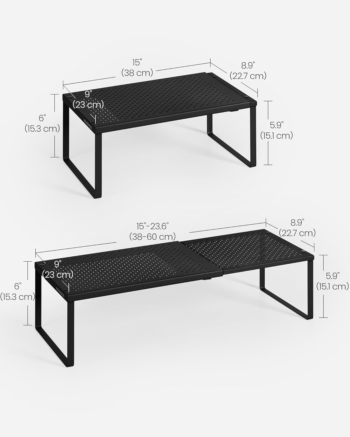 SONGMICS Expandable Pantry Kitchen Organizers, Adjustable Spice Rack, Stackable Cabinet Organizers, Metal, Space-Saving Tabletop Shelves, Matte Black UKCS007B01