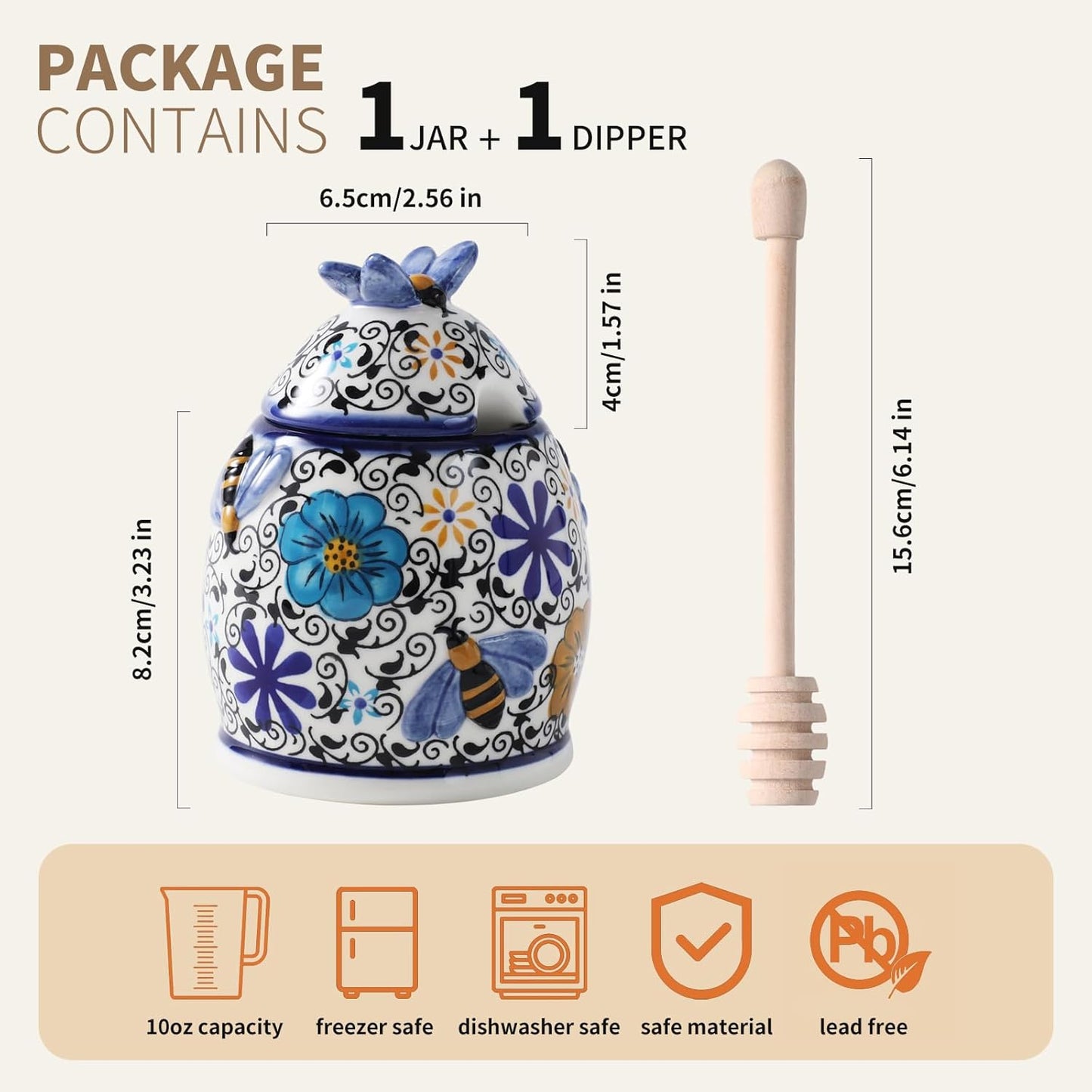 ZOOBEE 10oz Ceramic Honey Jar with Dipper Stick,Handpainted Honey Container for Storing Syrup,Small Mini Honey Pot with Bees,Disherwash Safe-Hidden Nook