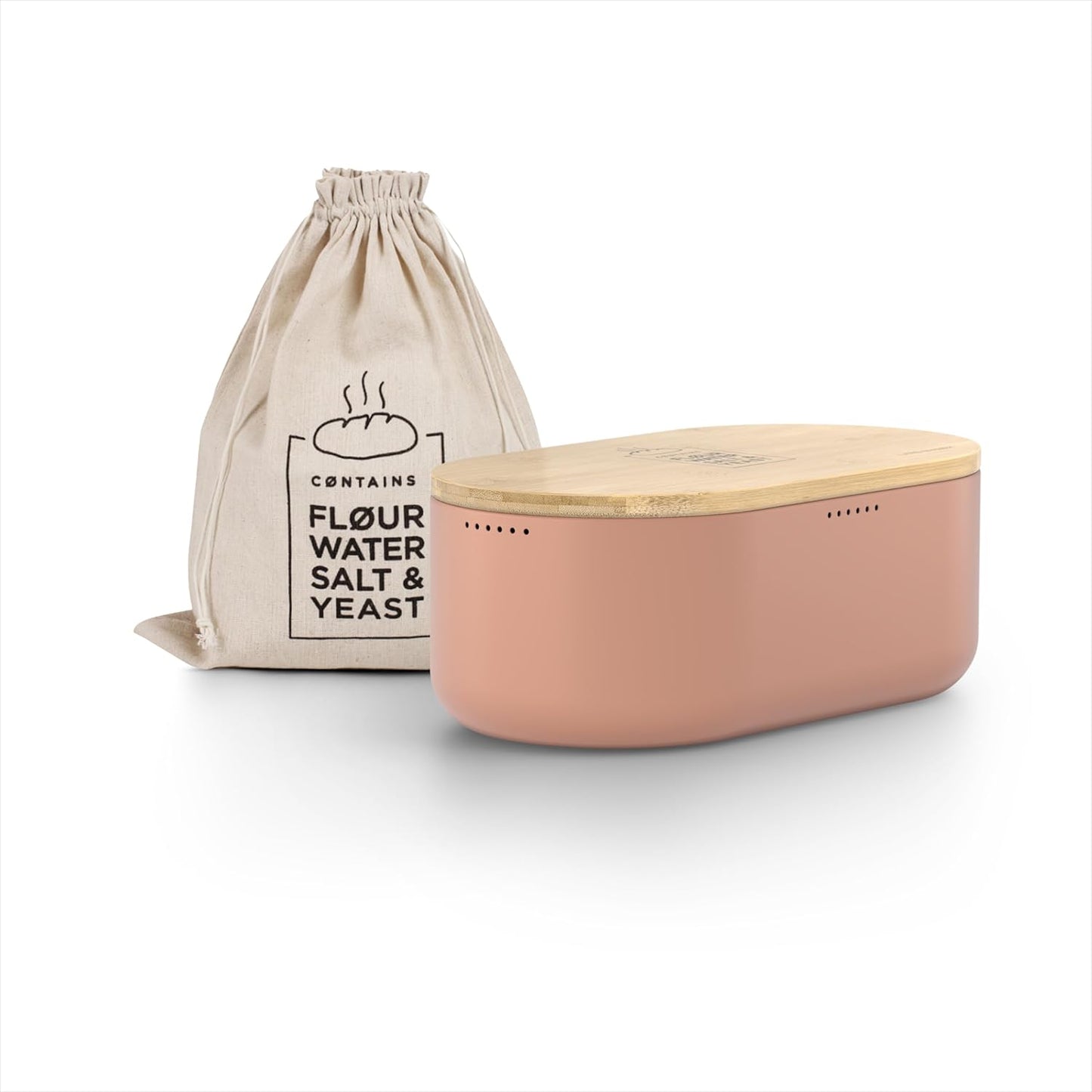 LARS NYSØM Bread Box I Metal Box with linen bag for long lasting freshness I Bread Bin with bamboo lid usable as cutting board I 14.2x7.5x5.1 In (Blush Rose)