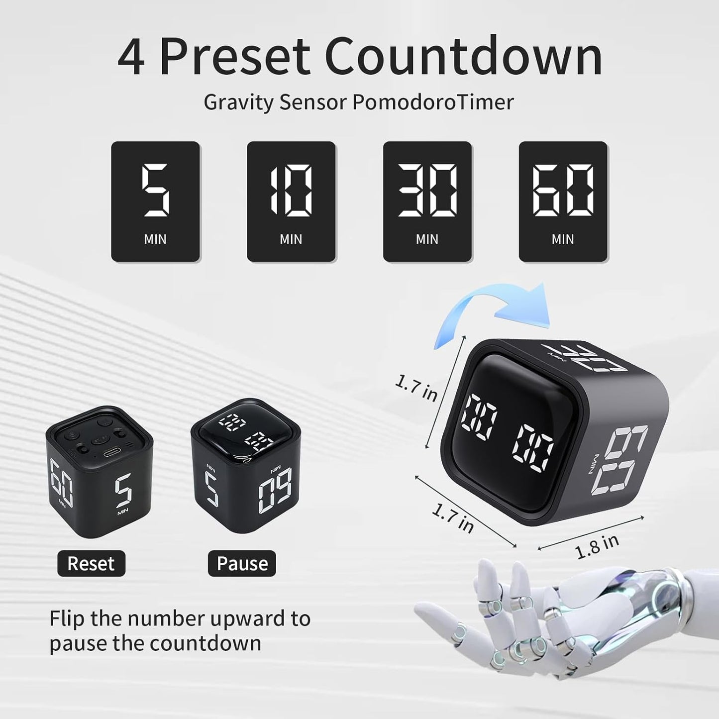 Productivity Timer Flip Gravity Sensor Cube Timer Countdown & Countup,Mute & Vibrate & Sound，5/10/30/60min & Custom Timing, Perfect for ADHD,Work,Learning,Kitchen Cooking