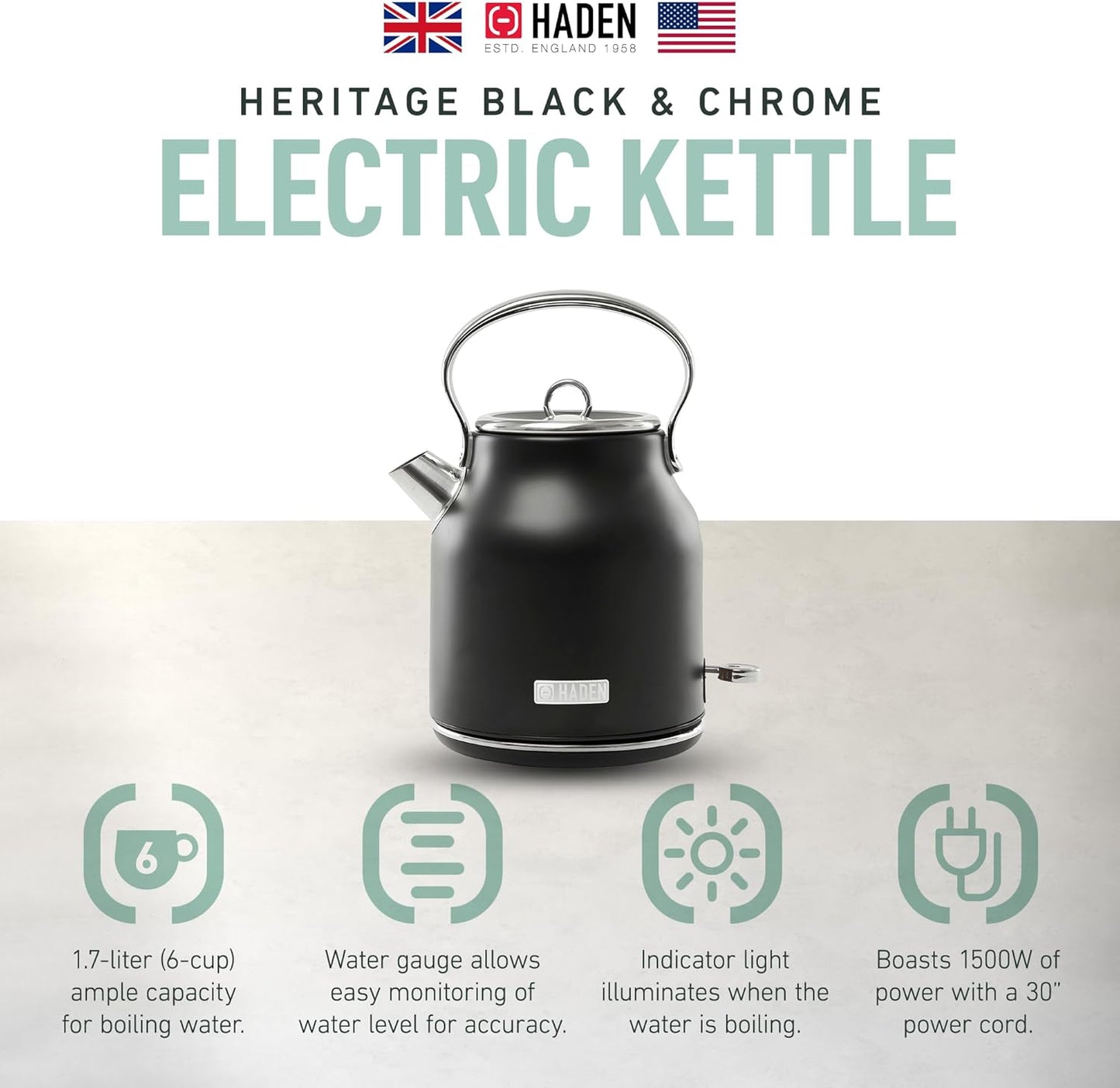 HADEN Heritage 1.7 Liter Stainless Steel Electric Kettle, Hot Water Kettle with 360-Degree Base and Auto Shutoff, Black & Chrome