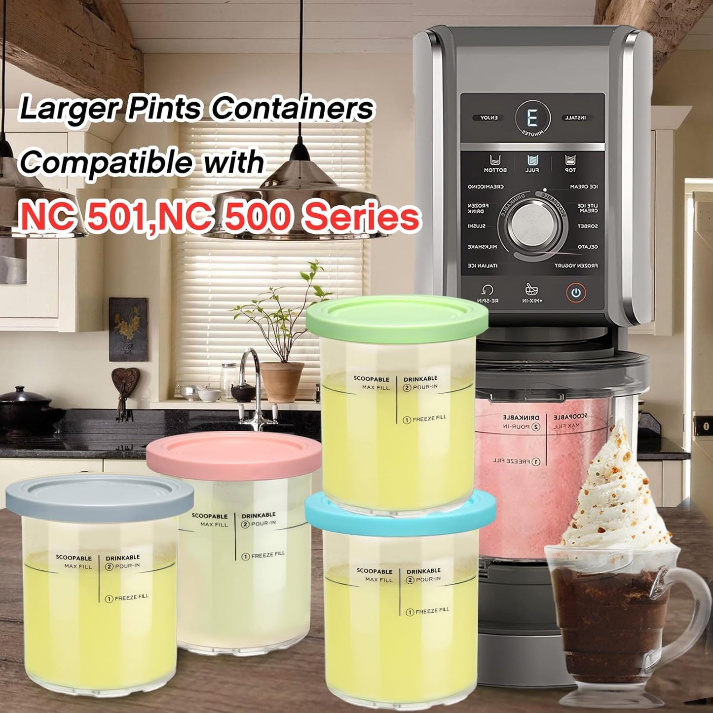 Replacement for Creami Deluxe Pints and Lids 4 Pack,Compatible with Ninja Creami 11-in-1 NC501 NC500 Series Deluxe Ice Cream Maker,24oz Deluxe XL Cups(Blue,Pink,Grey,Green)