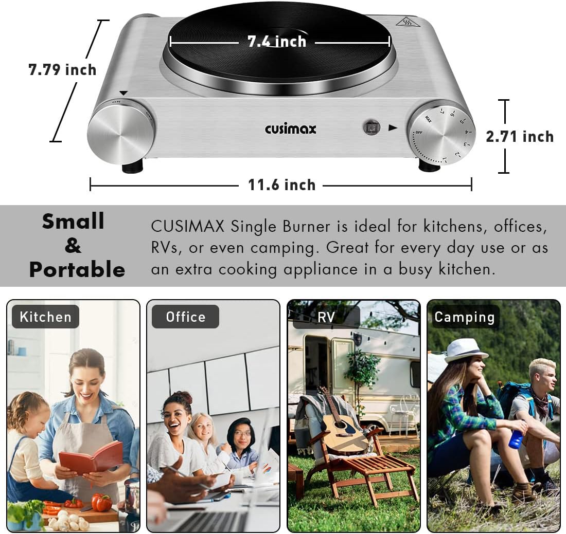 Hot Plate, CUSIMAX Electric Burner 1500W Hot Plate Cooking Single Burner Electric Stove with Heat-up in Seconds Adjustable Temperature Control Silver Stainless Steel Body, Your Kitchen Assistant