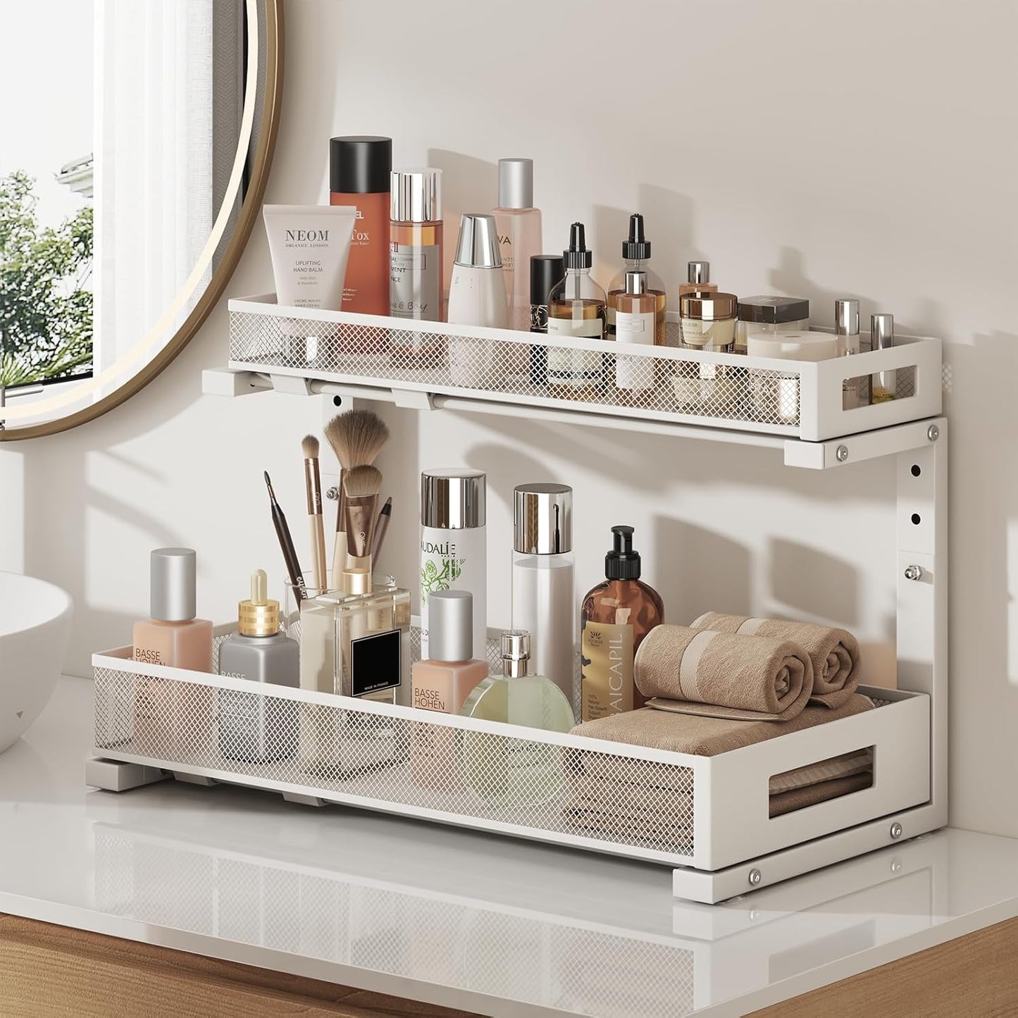 2 Pack 19IN Depth Under Sink Storage Organizer, Large 2-Tier Elegant Mesh Pull Out Shelf for Kitchen and Bathroom Cabinet Organization, L-Shaped and Adjustable Height Design-White