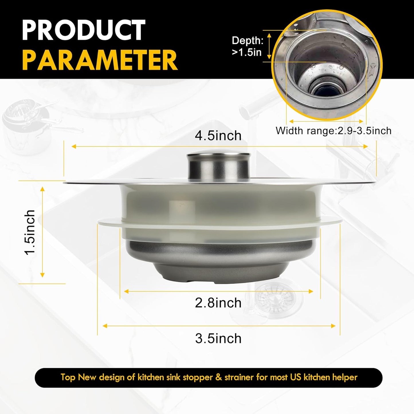 5-in-1 Stainless Steel Sink Aid, Kitchen Sink Drain Strainer Food Catcher, Popup Kitchen Sink Stopper & Odor Filter, Kitchen Sink Strainer Accessories with Drain Basket (Classic Brushed)