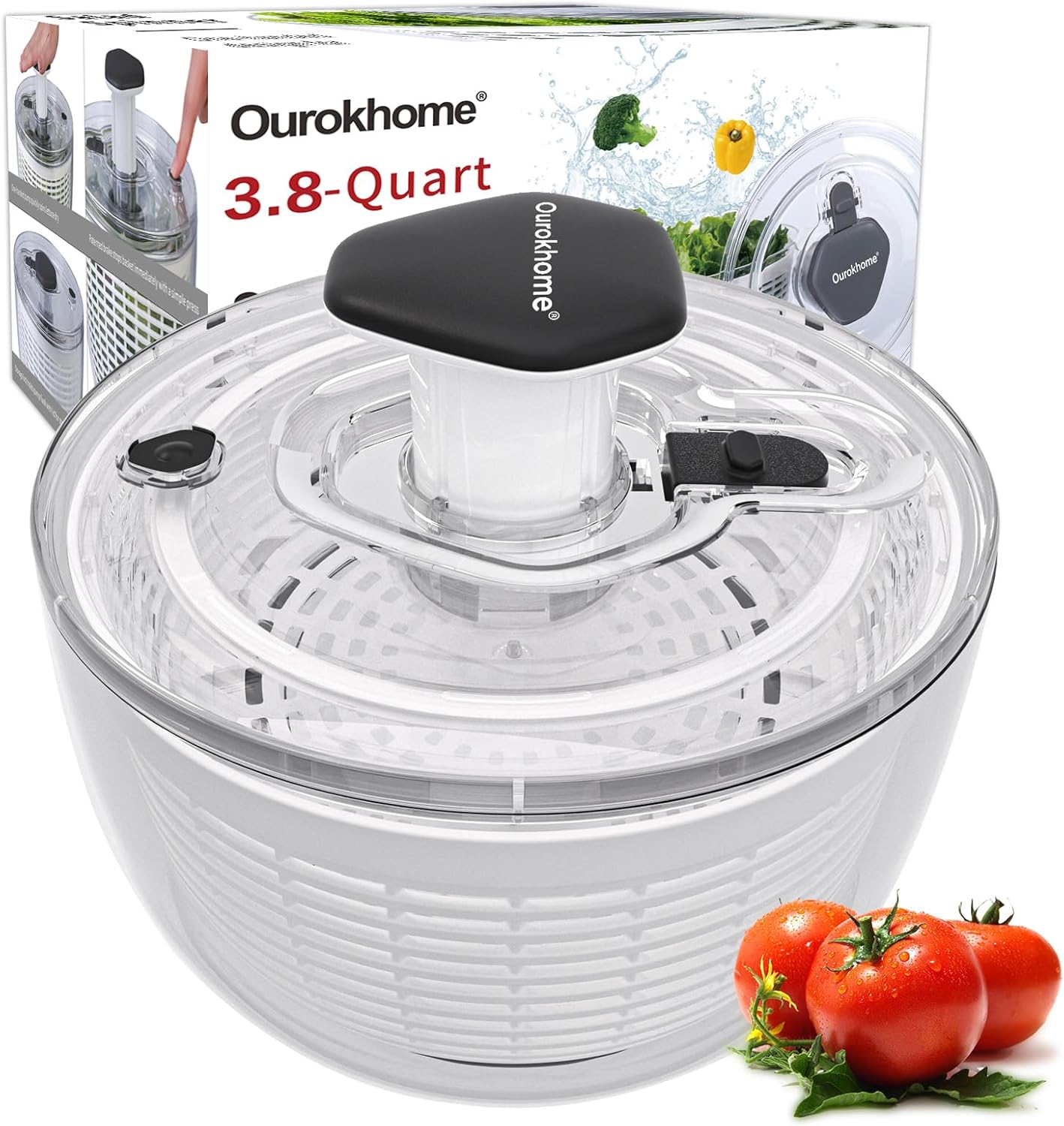 Ourokhome Salad Spinner Lettuce Dryer, One-handed Easy Press Large Vegetable Dryer Salad Mixer with Comfortable and Retractable Pusher and Brake Button for Greens, Herb, Berry, Fruits, 3.8 QT, Black