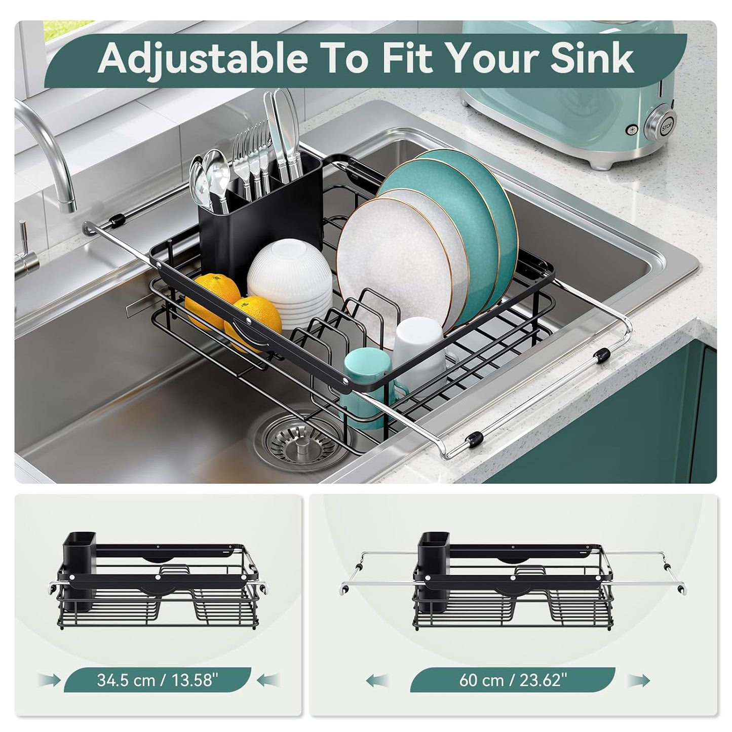 Over the Sink Dish Drying Rack,In Sink Dish Drying Racks,Expandable Dish Rack Over Sink Counter,Adjustable Dish Drainer for Inside Sink with Utensil Holder, Stainless Steel Dish Strainer Large Size