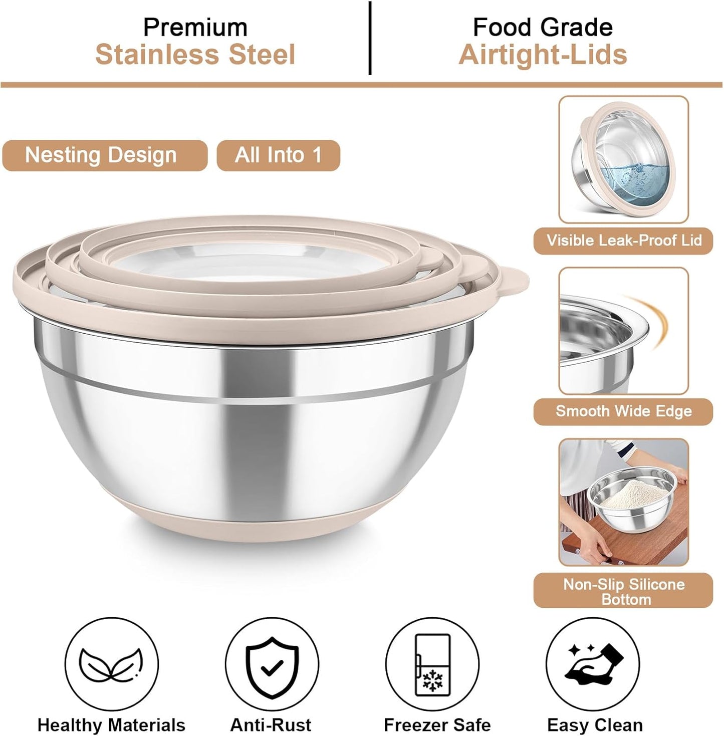 TeamFar Mixing Bowls with Colander Set, Stainless Steel Strainer and Nesting Salad Bowls, with Lids & 3 Graters, Non-Slip Bottom & Visible Lid, Rotatable & Dishwasher Safe, 4.6/3/1.5 QT, Khaki