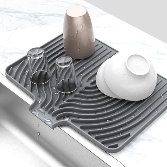 Silicone Drying Mat for Kitchen Counter, 18"×12" Silicone Dish Drying Mat with Board Drain,Rubber Kitchen Counter Dry Matt for Dishes Drying Rack(gray)