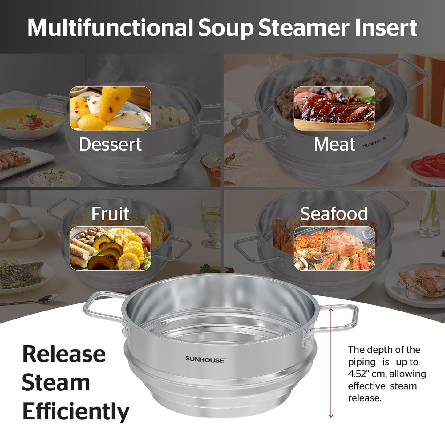 SUNHOUSE 5 Quart Stainless Steel Steamer Insert – Multi-Purpose Soup & Food Steamer with Stay-Cool Handles & Heavy-Duty Glass Lid – Fits Various Pot Sizes (8", 9", 9.5")