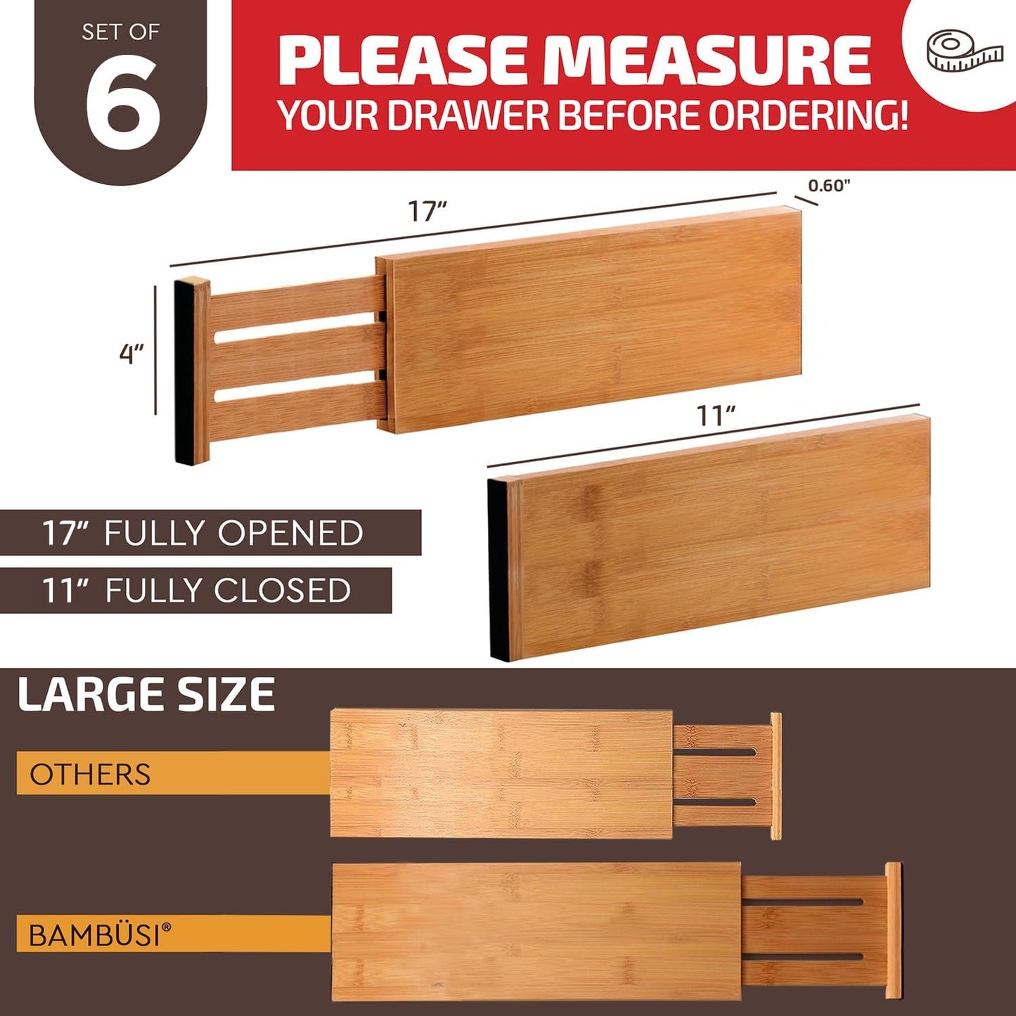 6 Pack Drawer Dividers 4 Inch High, 11”-17" Adjustable Bamboo Organizers Large Expandable Drawer Separators for Cloths, Dresser, Bedroom, Bathroom, Baby Drawer, Office & Kitchen Utensils (Natural)