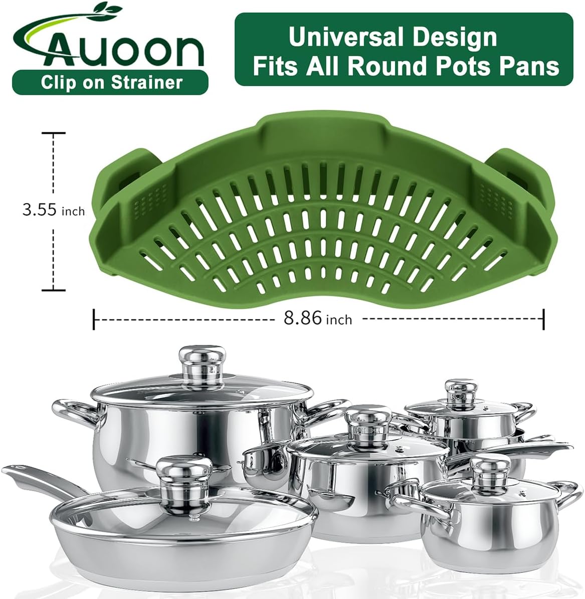 AUOON Silicone Clip on Strainer - Adjustable Strainers and Colanders for All Pots Pans and Bowls | Practical Kitchen Gadgets for Cooking and Draining (Matcha)