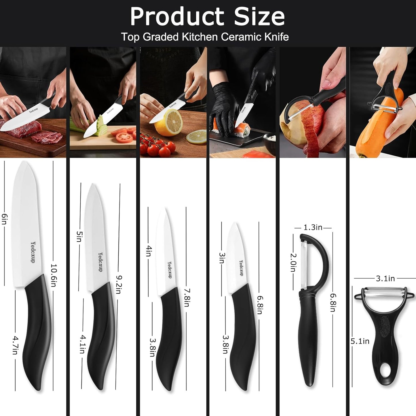 4Pcs Ceramic Kitchen Knives with Covers,2Pcs Metal Peeler,Sharp and Lightweight Blades,Not Rust,Non-Stick,Comfortable Ergonomic Handle,for Cutting Vegetables,Fruits and Boneless Meat.