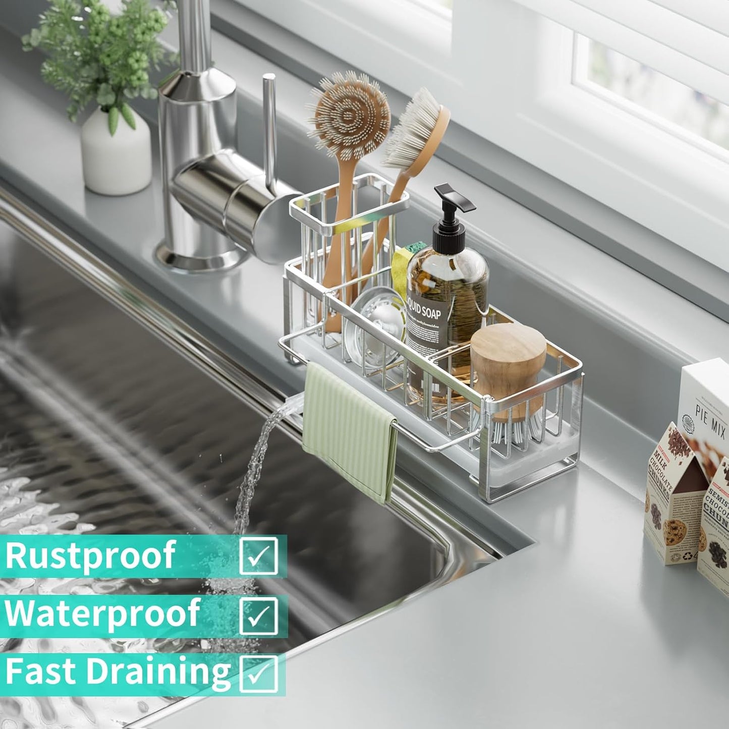 HapiRm Sponge Holder for Kitchen Sink - Self-draining Sink Caddy with Brush Holder and Dishcloth Holder, Stainless Steel Kitchen Organizer - Silver