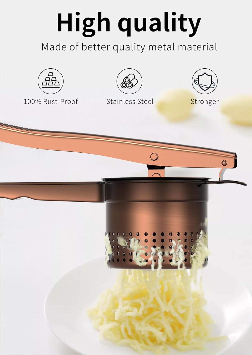 Large 15oz Potato Ricer Masher, Heavy Duty Stainless Steel Potato Masher with Ergonomic Handle, Masher and Ricer Kitchen Tool for Mashed Potatoes, Noodle Maker, Bronze Color