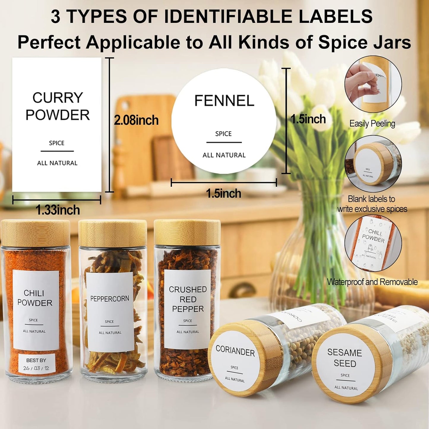 AISIPRIN Glass Spice Jars with 398 Labels-4oz 24 Pcs,Round Seasoning Jars with Bamboo Airtight Lids,Spice Container Set -Shaker Lids, Funnel,Brush and Marker Included