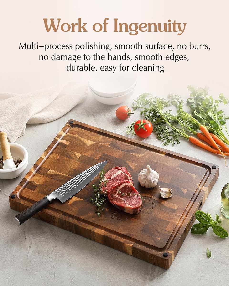 XINZUO Large Thick End Grain Acacia Wood Cutting Board- (19''L x 14''W x 1.5''T) Reversible Wooden Chopping Board with Non-Slip Feet, Built-in Handles and Juice Groove- Butcher Block Cutting Board