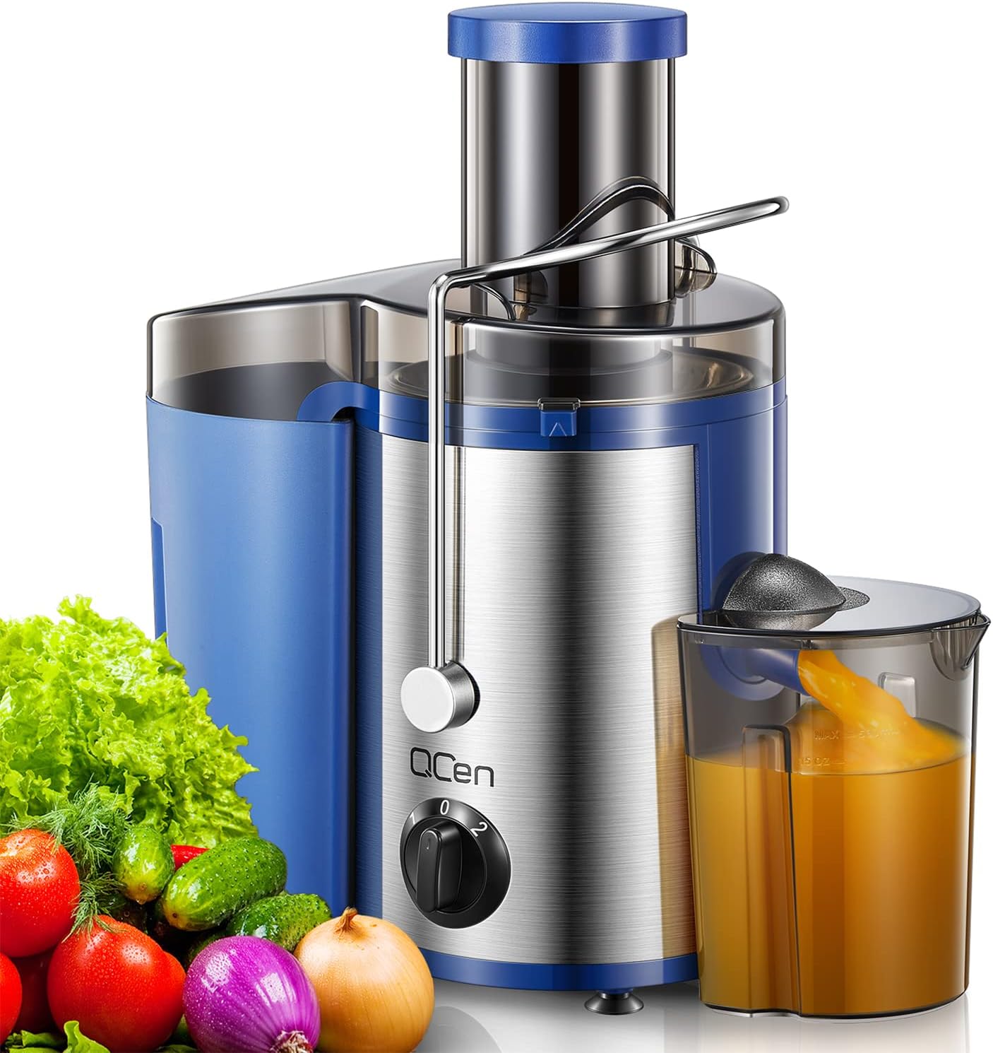 QCen Juicer Machine, 500W Centrifugal Juicer Extractor with Wide Mouth 3” Feed Chute for Fruit Vegetable, Easy to Clean, Stainless Steel, BPA-free (Blue)