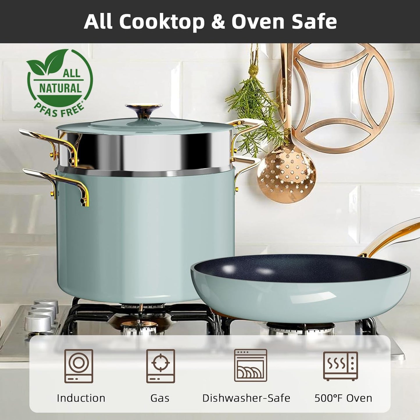 Nuwave Lux LE 13-Pc Cookware Set with Elegant Gold Handle, Diamond Infused Ceramic Non-Stick, PFAS Free, Premium Metal Lids, Ergonomic Stay-Cool Handles, Induction Ready & Compatible w/All Cooktops