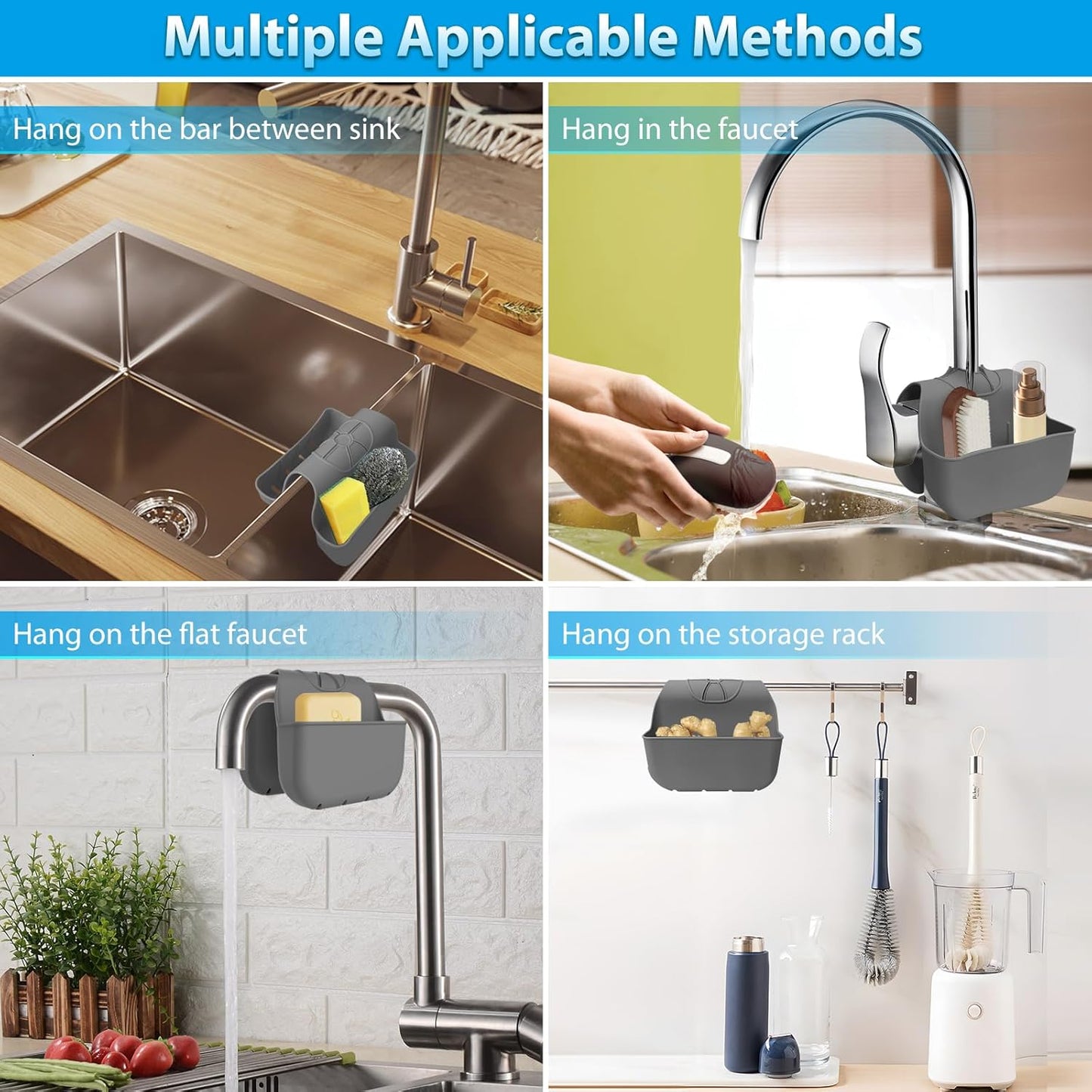 Sponge Holder for Kitchen Sink, Silicone Sink Saddle Caddy Organizer Rack, Sponges Holder Over Faucet, Hanging Kitchen Organizer Accessories Rack Basket Dark Gray