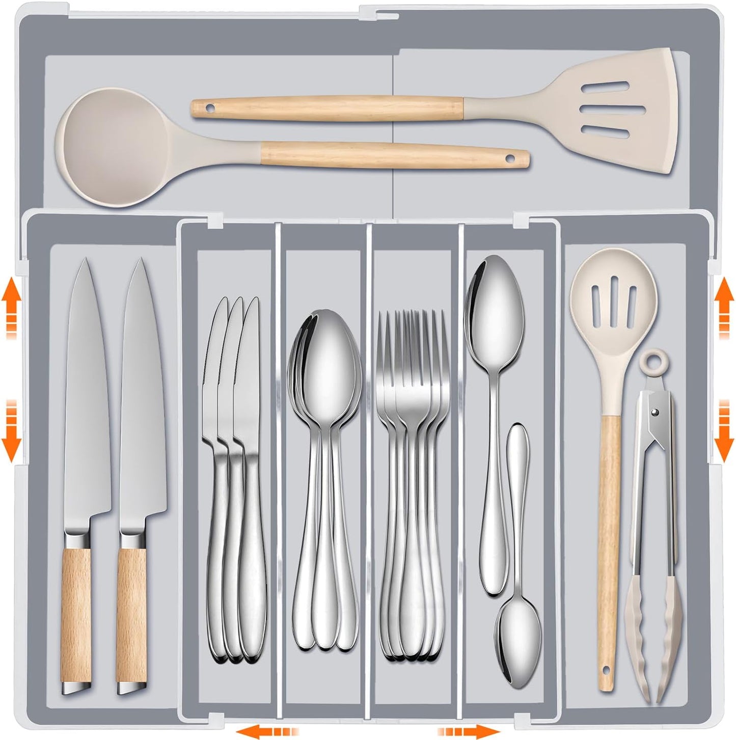 Silverware Organizer for drawer - Adjustable Kitchen Drawer Organizer Utensil Drawer Organizer, Expandable Silverware Tray for Drawer Utensil Organizer for Forks, Knives, Grey