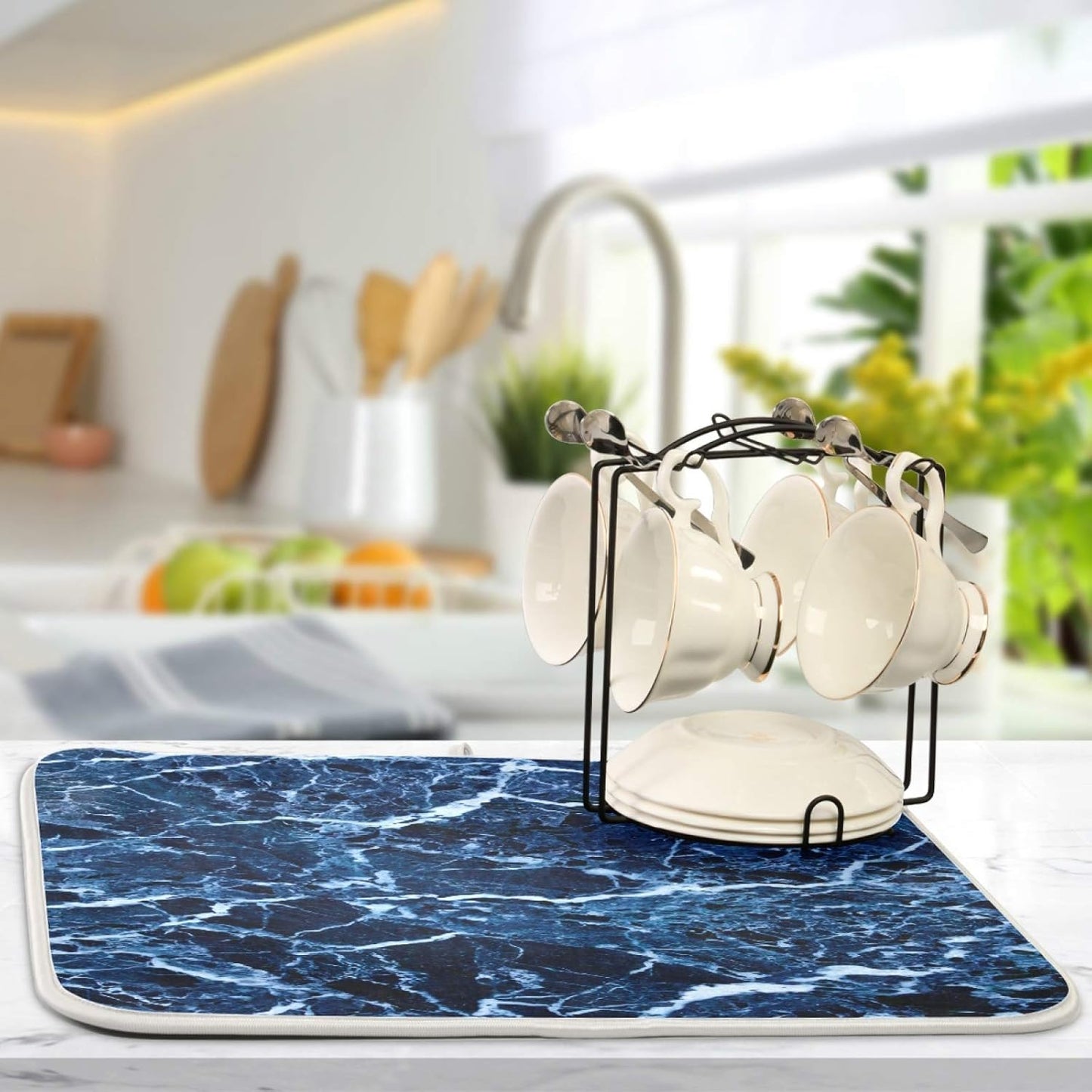 Super Absorbent Dish Drying Mat, Microfiber Fast-Drying Dish Mat, 16" x 18, Kitchen Dish Drying Pad, Navy Blue Marble…