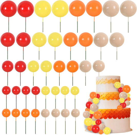 BEISHIDA 40 Pcs Mini Balls Cake Toppers - DIY Cake Decorations for Girls, Baking, Thanksgiving, Birthday, Baby Shower (Red, Orange, Yellow)