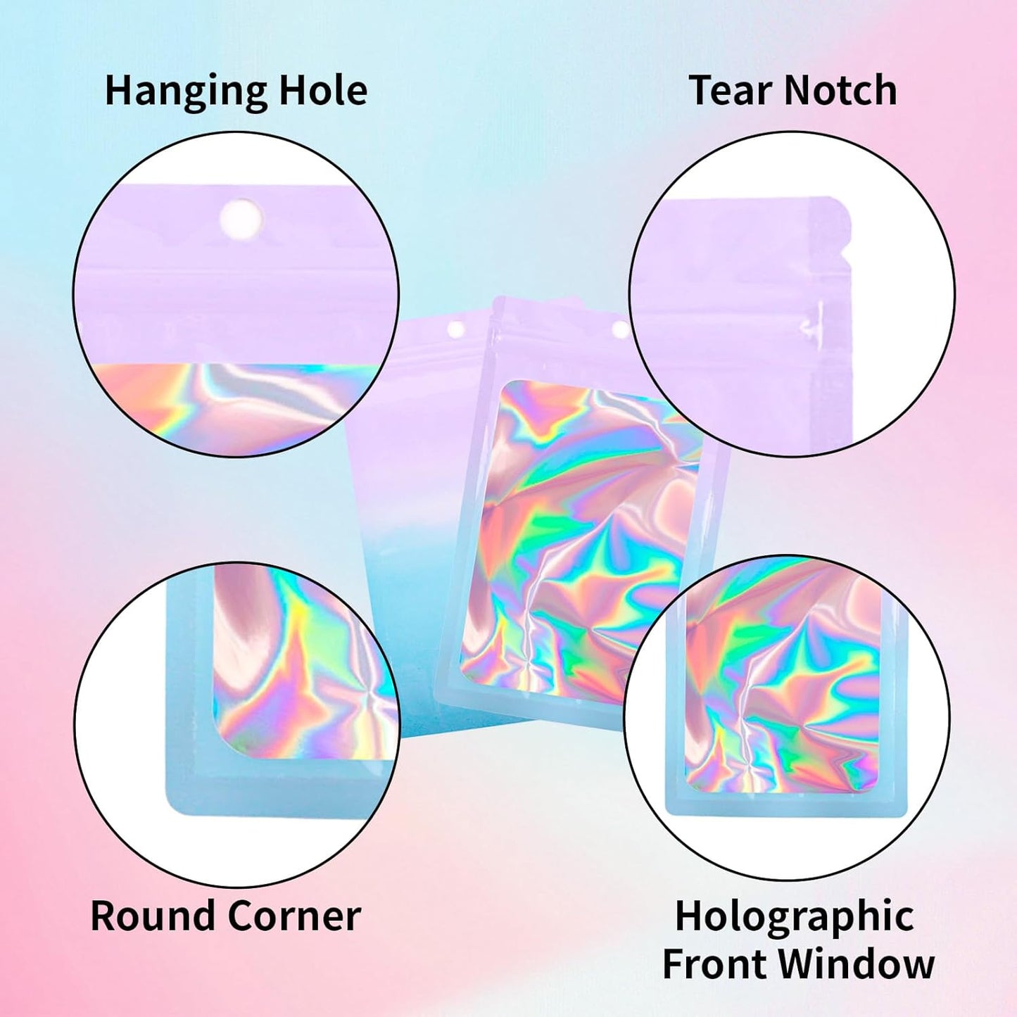 200 Pack Resealable Mylar Holographic Bags Food Storage Smell Proof Bags with Front Window Foil Packaging Pouch for Candy Sample Jewelry Small Business 4.72×7.87 Inch, Pink Fade Blue