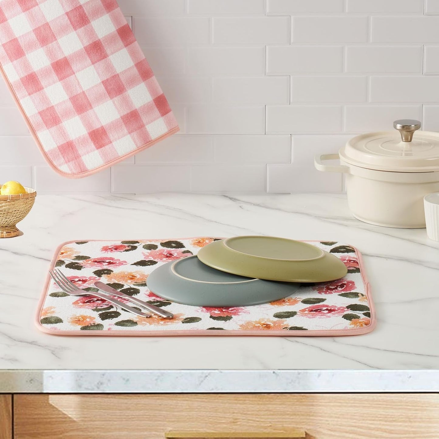 FRESHMINT Printed Dish Drying Mats for Kitchen Counter 2 Pack Absorbent Reversible Drying Mats Microfiber Kitchen Countertop Protector Dishes Drying Pad Extra Large 18"x16" Dish Mat (Floral)