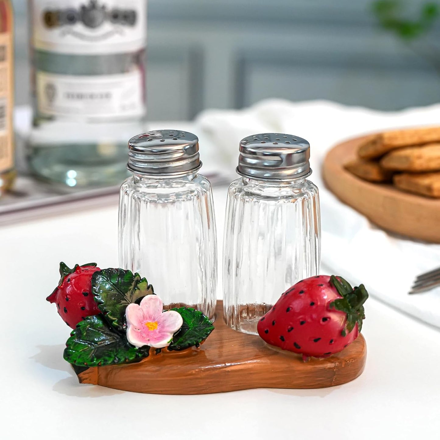 Salt And Pepper Shakers Set Dispenser with Resin Strawberry Figurine And Statues Holder - Glass Spice Jars Included