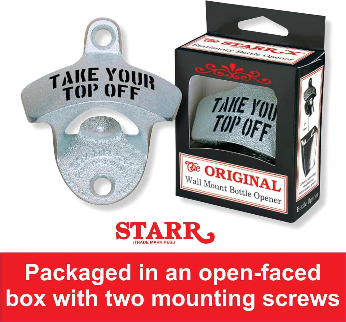 STARR "X" Take Your Top Off | Classic Wall Mounted Beer Bottle Opener for Home Bar, Kitchen, Patio, or Man Cave | Easy Cap Removal, Zinc Plated Cast Iron