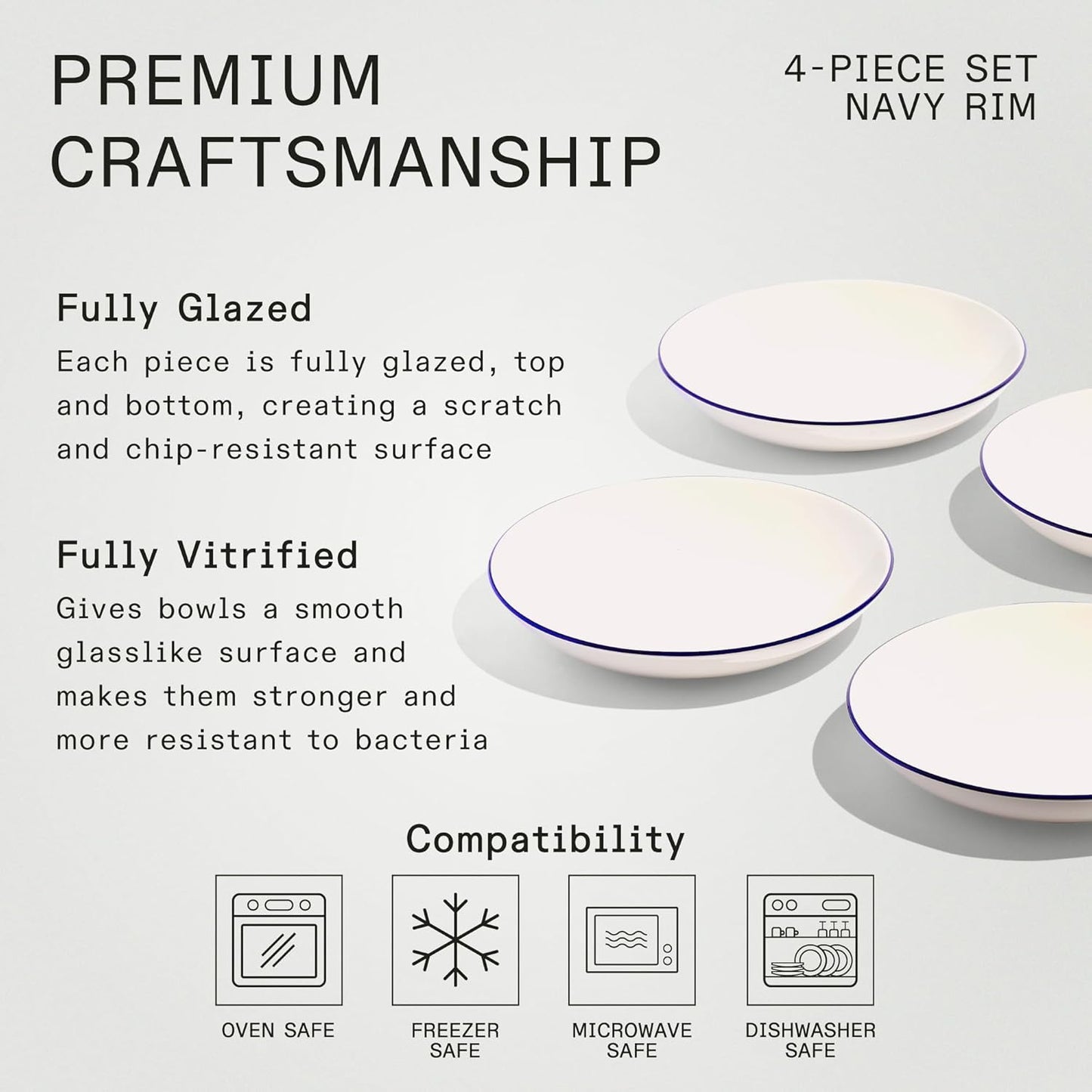 Made In Cookware - Set of 4 - Entrée Bowls - White With Navy Rim - Porcelain - Crafted in England