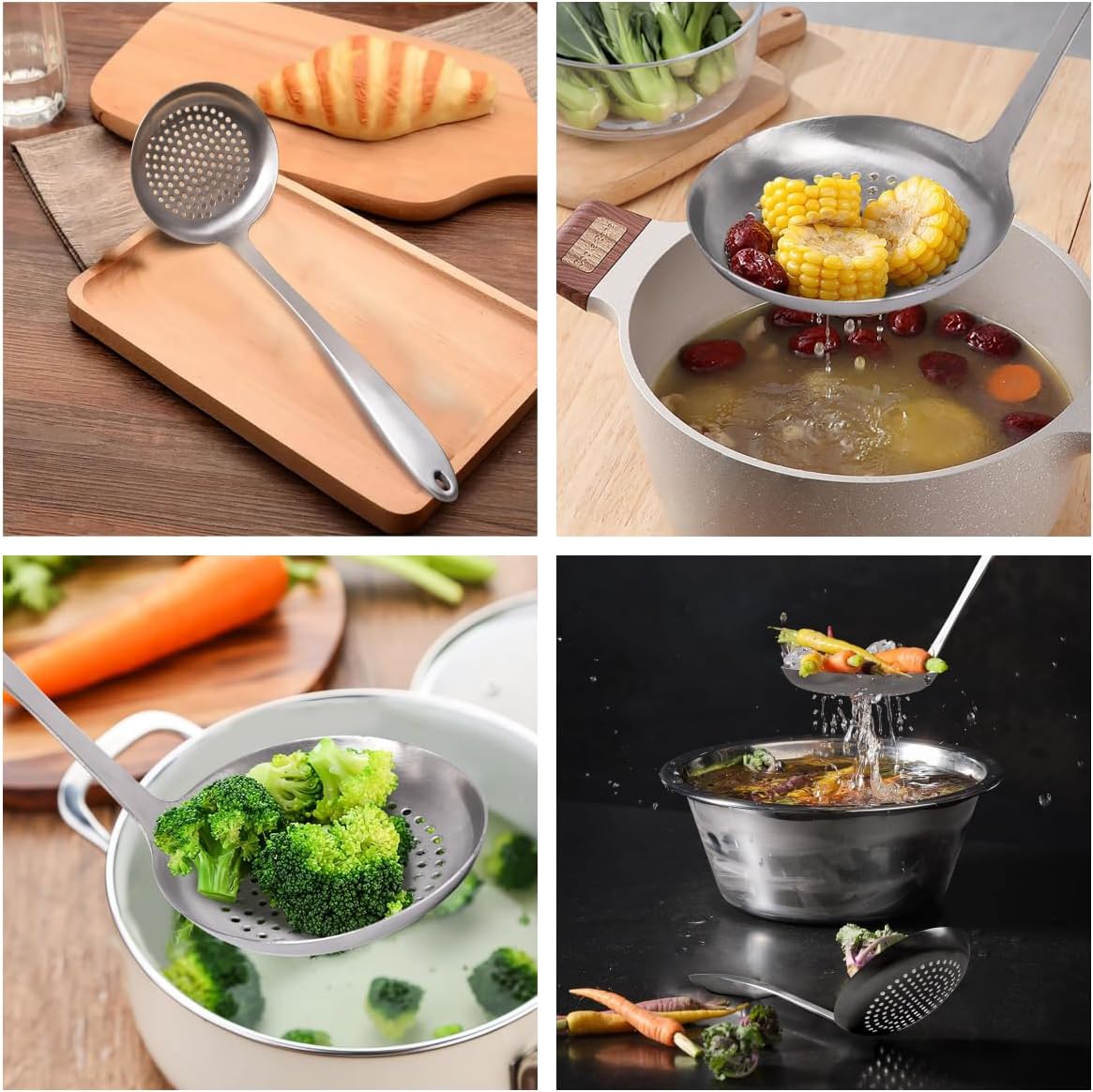Cooking Skimmer Slotted Spoon, Heavy Duty Mesh Stainless Steel Colander Spoon Ladle Strainer for Cooking n Frying, Balance Pasta Scoop Strainer Spoon
