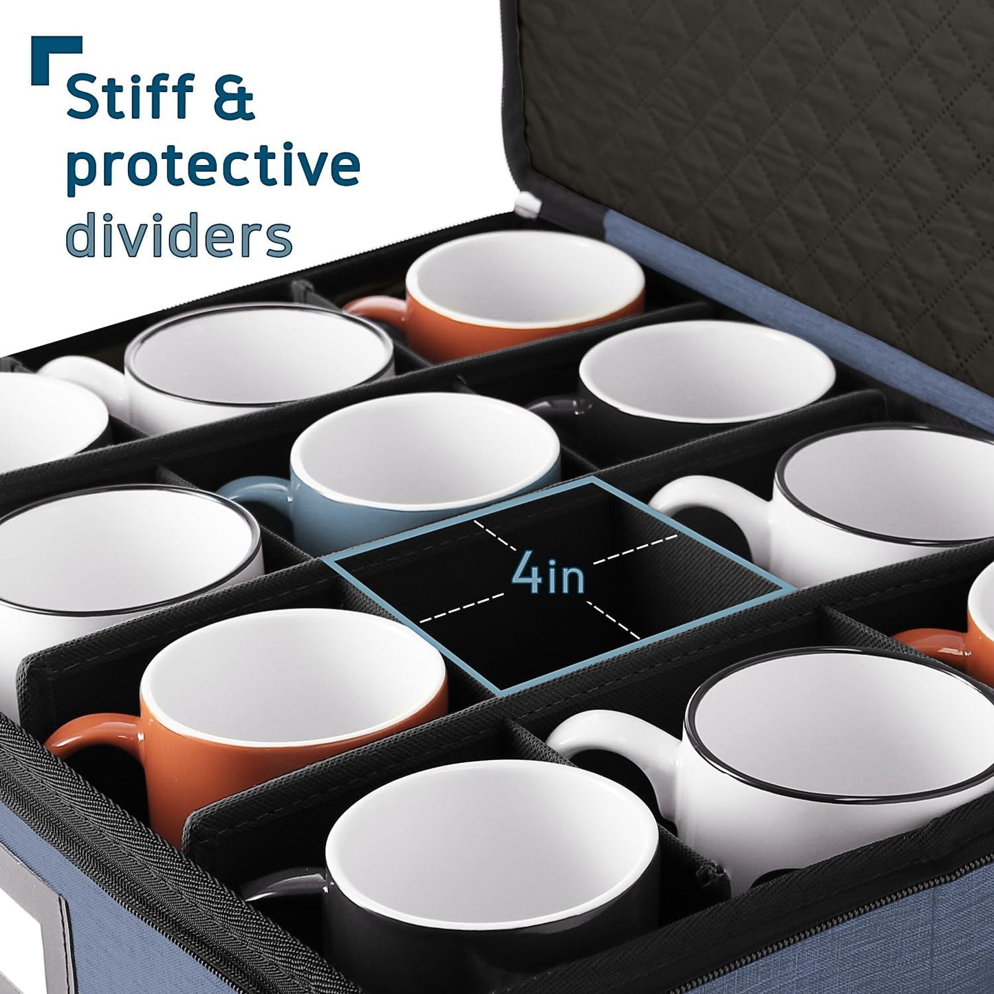 Coffee Mug Storage, 2 Pack Quilted and Stackable Coffee Cup Storage Organizer for Service of 24, Mug Storage Box with Dividers, China Containers Hard Shell for Moving and Organization, Blue