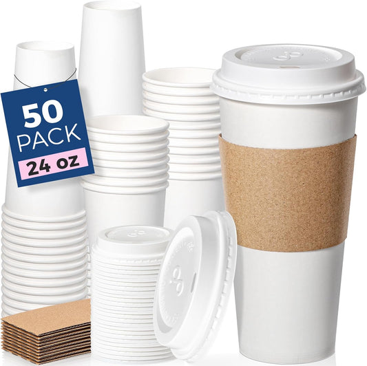 Fit Meal Prep 50 Pack 24 oz Disposable Coffee Cups with Lids, Sleeves, Leak-Proof To Go Coffee Cups with Lids, Durable Hot Paper Cups for Home, Office, Party, Business