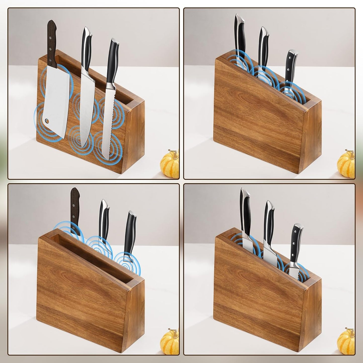 XXXL Magnetic Knife Block 11.8x10 inches, 4-Side Universal Knife Holder Builted in Powerful Magnet, Natural Acacia Wood Knife Storage Organizer for Kitchen Display