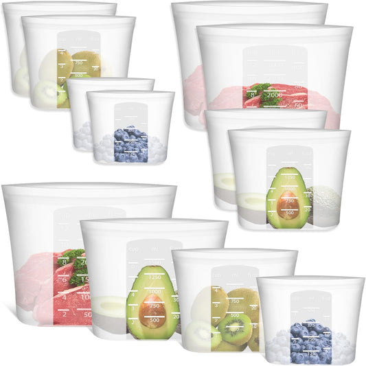 Reusable Storage Bag, 8 Pack 100% Silicone Food Storage Bags Stand Up Zip Lock Bags for Food, Freezer Microwave Oven Dishwasher Safe, 2 X-Large(0.8 Gallon) 2 Medium 2 Small 2 X-Small, Translucent