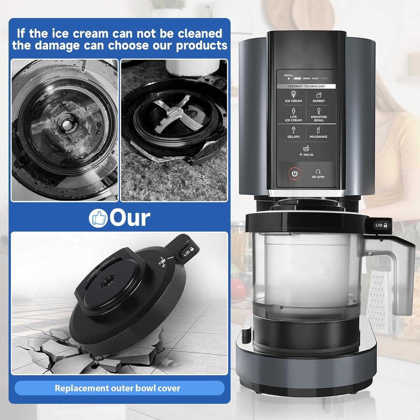 Outer Bowl Lid for NC301 Ice Cream Maker,Reusable Creami Replacement Lid, Creami Accessories Compatible with NC299AMZ/NC301/NC300/NC201/NC101 Series (NO Paddle)