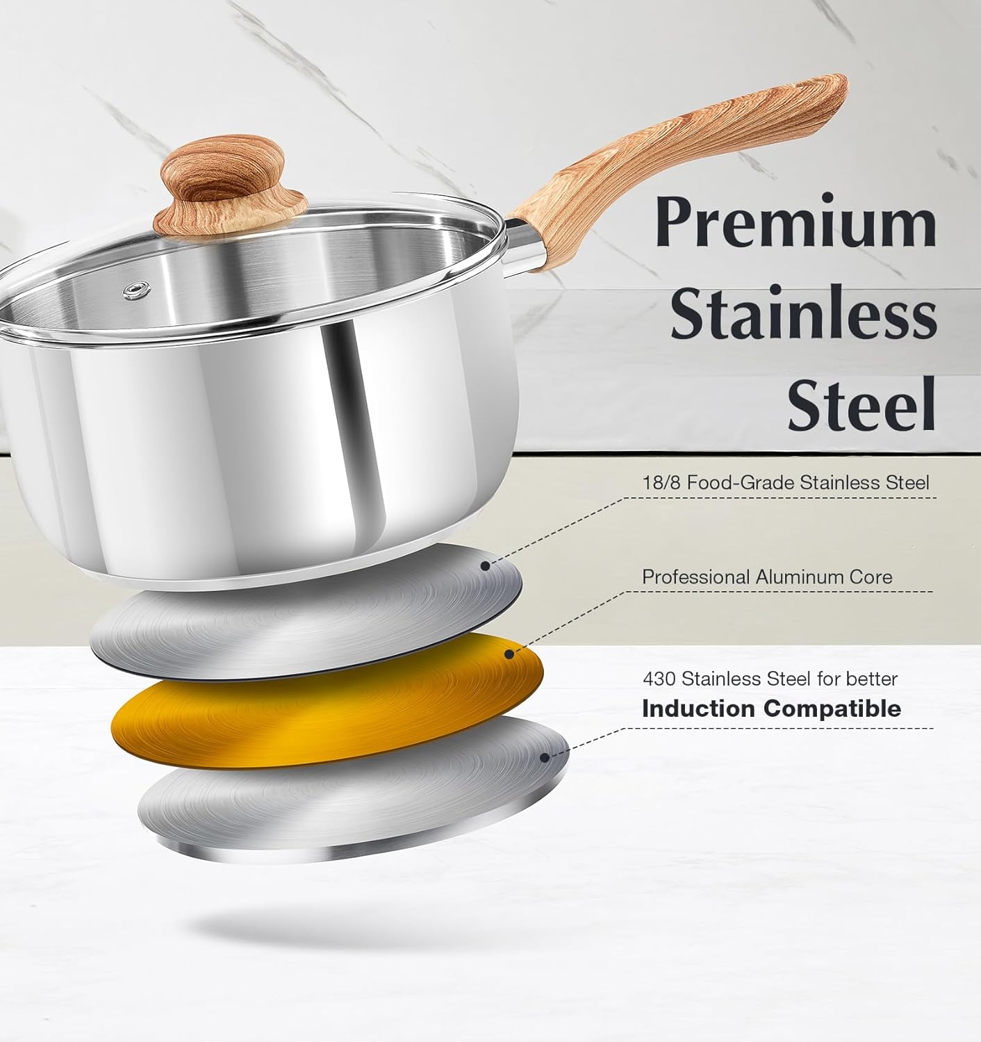 KOCH SYSTEME CS Stainless Steel Saucepan Set, 4-Piece Stainless Steel Sauce Pan with Cool-Touch Bakelite Handle, 1 QT & 2 QT Saucepan with Lid, Steel Pots Induction Ready