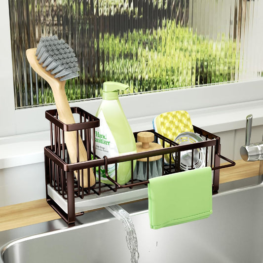 SWTYMIKI Sponge Holder for Kitchen Sink - Sink Caddy with Brush Holder Self-draining Sponge Caddy Organizer with Divider Stainless Steel Kitchen Accessories Storage for Countertop, Bronze