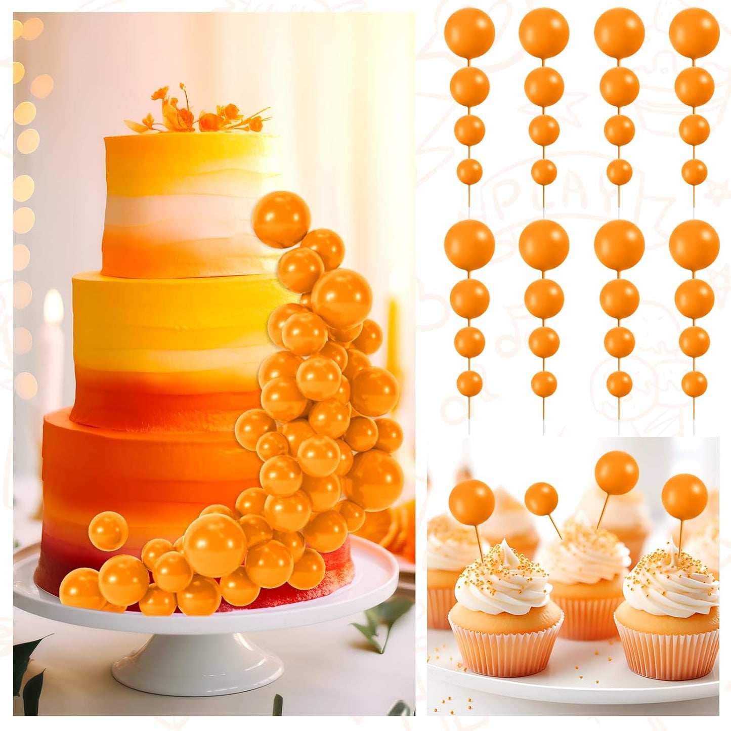 48 Pcs Orange Balls Cake Topper Decorations Balloon Cupcake Toppers Foam Cake Topper Balls for Thanksgiving Halloween Birthday Party Wedding Anniversary Cake Decorating