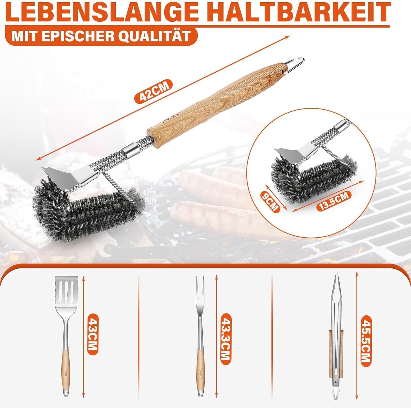 TIVOLI 4PCS Grilling Accessories, Heavy Duty BBQ Tool Set with Stainless Steel Spatula, Tongs, Fork, Cleaning Brush, Wood Handles Barbecue Utensils Kit for Outdoor, Perfect Grill Gifts for Dad Men