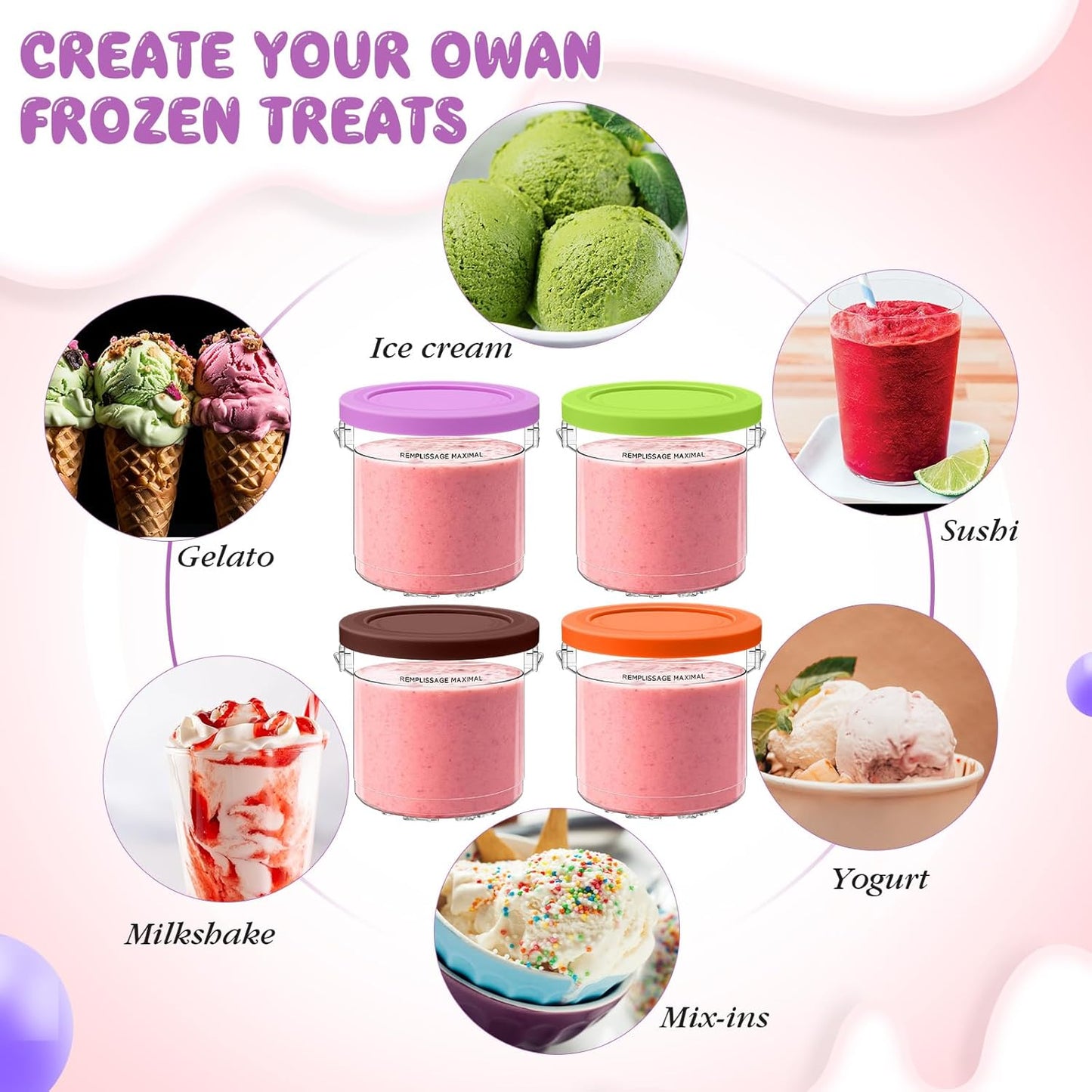 For Ninja Creami Pints and Lids 4 Pack 16oz,Compatible with Ninia 7-in-1 NC299AMZ & NC300s Series Creamy lce Cream Maker,BPA-Free&Dishwasher Safe