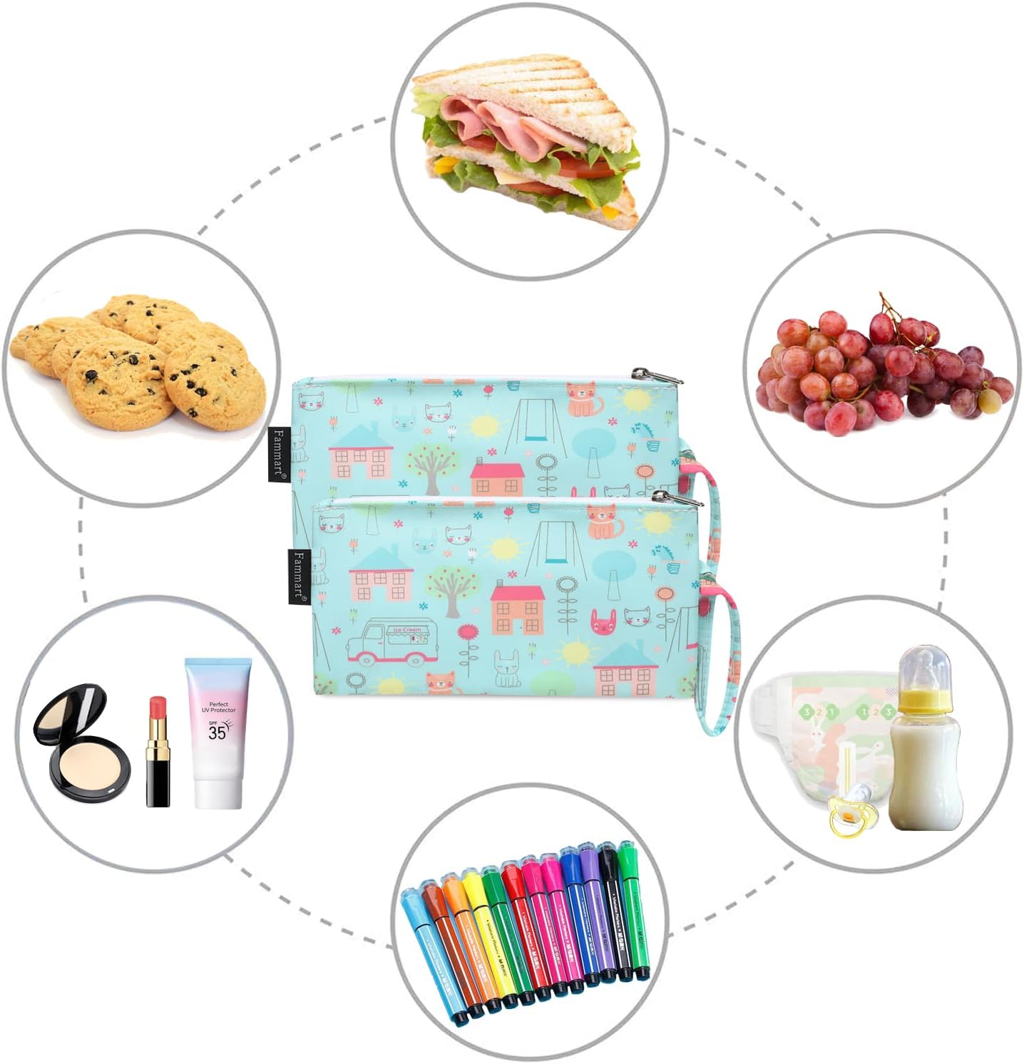 Reusable Sandwich Bag/Snack Bag for Kids & Adults, Dual Layer Lunch Bag with Handle, Washable, Food Safe, BPA Free (2-Pack, Colorful Cat)